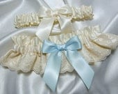 Heirloom Keepsake Something Blue Wedding Garter Set -  Satin and Lace - Light Blue Bow - Available in White or Ivory - Plus Size Too