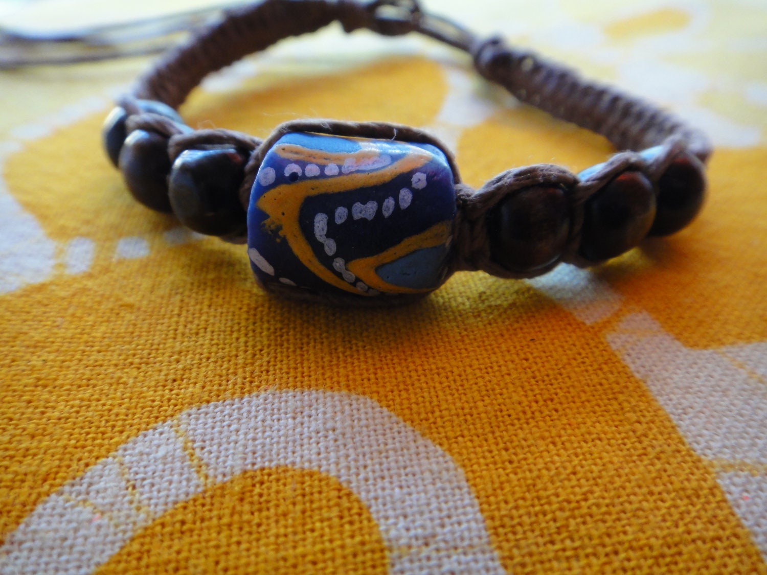 African Recycled Glass and  Wood Bead Hemp Bracelet / Anklet