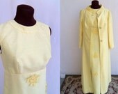 Vintage 60's Maxi Formal Dress with Coat Yellow with Floral Appliques  Like New