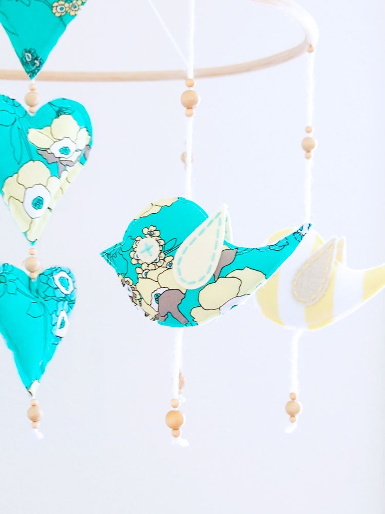 Free as a Bird Mobile -Teal & Lemon  (ready to ship)