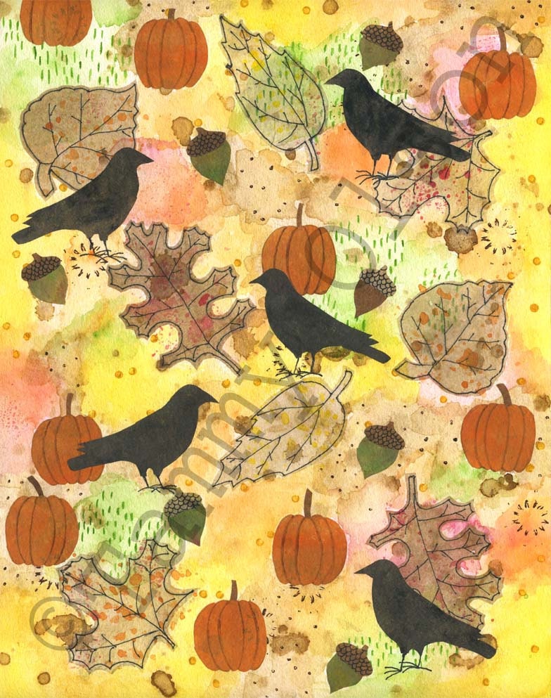 Mixed media collage, birds, fall, crows, pumpkins, acorns in autumn, art 8 x10  limited edition print 2/250 "Autumn"