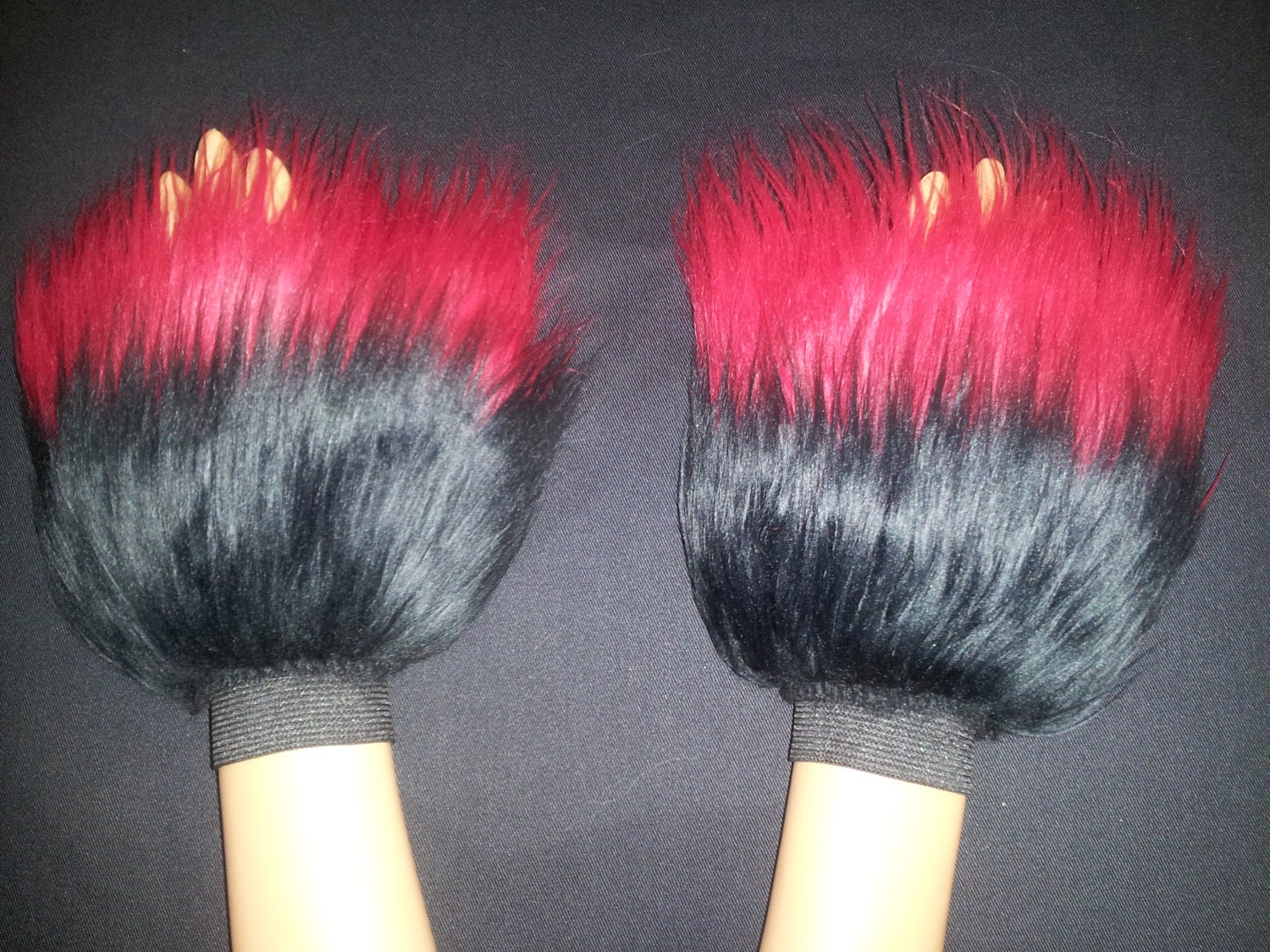Cherry Red and Black Two Tone Furry Wrist Cuffs