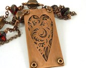 Heart Necklace Etched Copper Necklace Etched Metal Red Czech Beads Cold Connected