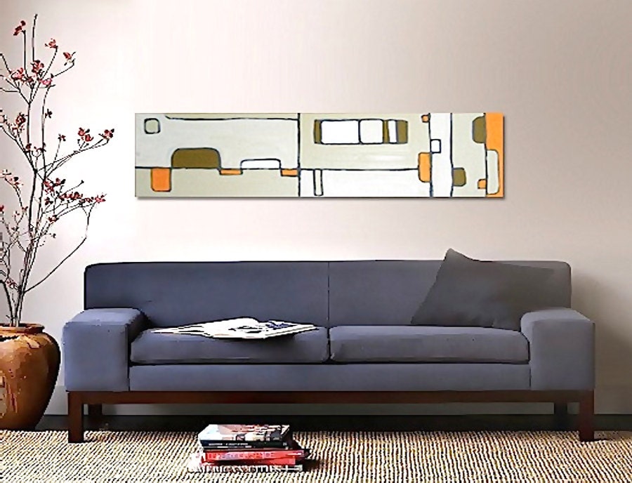 SALE - original abstract painting modern fine art on canvas by linneaheideart 12"x48" - tan beige orange