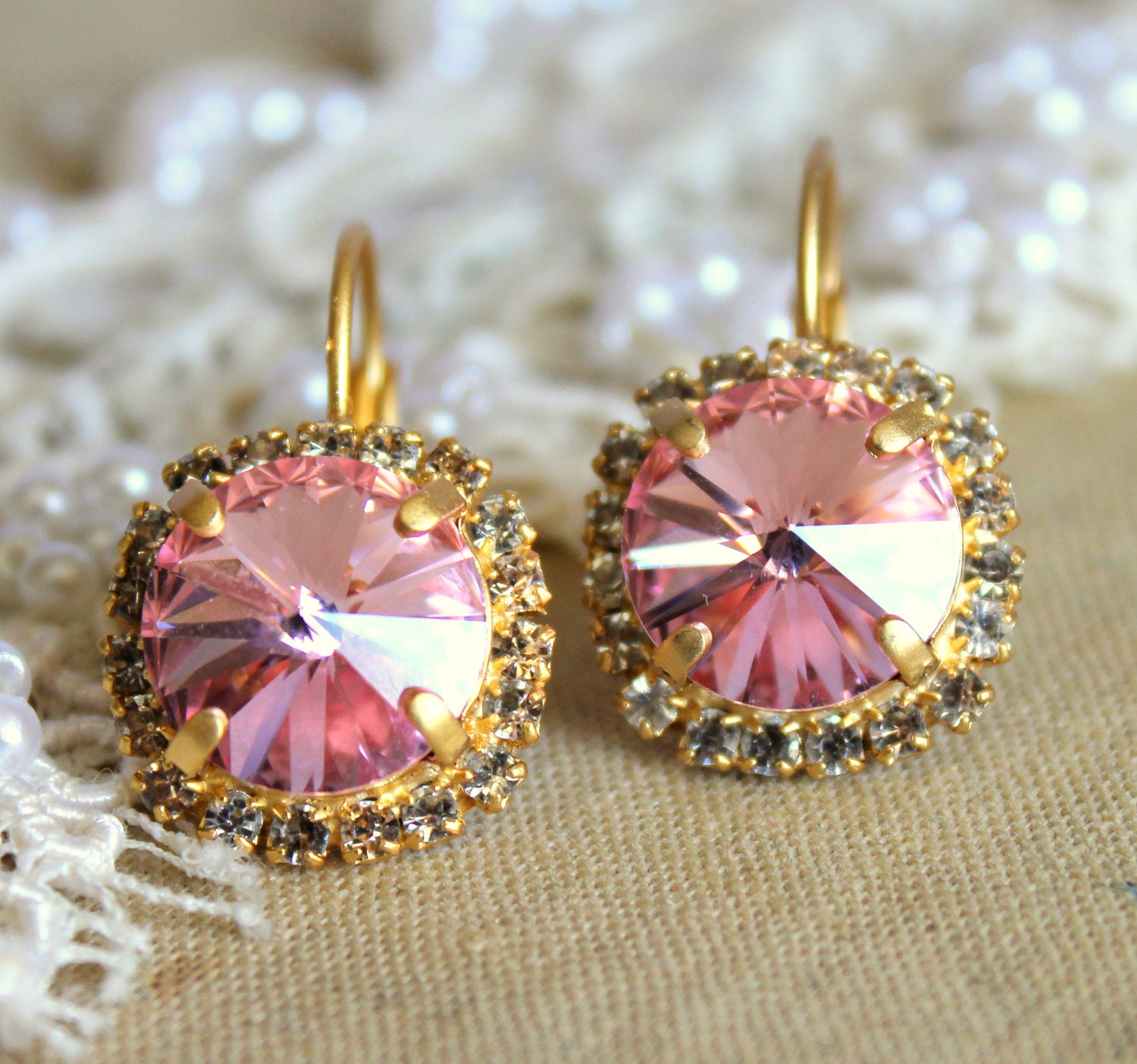 Crystal pink blush earring - 14k plated gold post earrings real swarovski rhinestones .