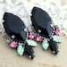 Black Mint Pink  Rhinestone Statement stud earrings - Oxidized Silver plating Swarovski earrings
