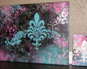 SALE -ORIGINAL Damask Chandelier Fleur De Lis Butterfly Canvas Paintings Girl's Triptych Teal Black Pink Gold 40 x 16- Chic Glam
