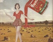 original collage on paper ( unique retro home decor made with vintage paper, OOAK ) -- Landscape with Tomato Sauce and Dance Instructor
