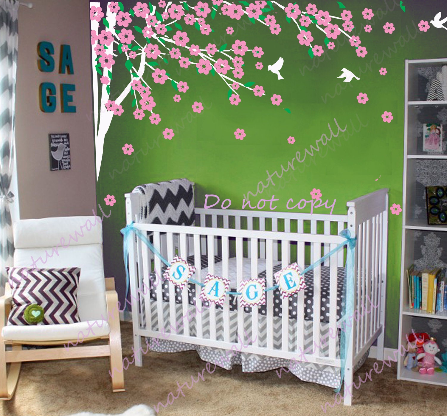 wall decals tree decals baby nursery kids room decor pink white nature girl wall decor wall art- Cherry Blossom Tree with birds
