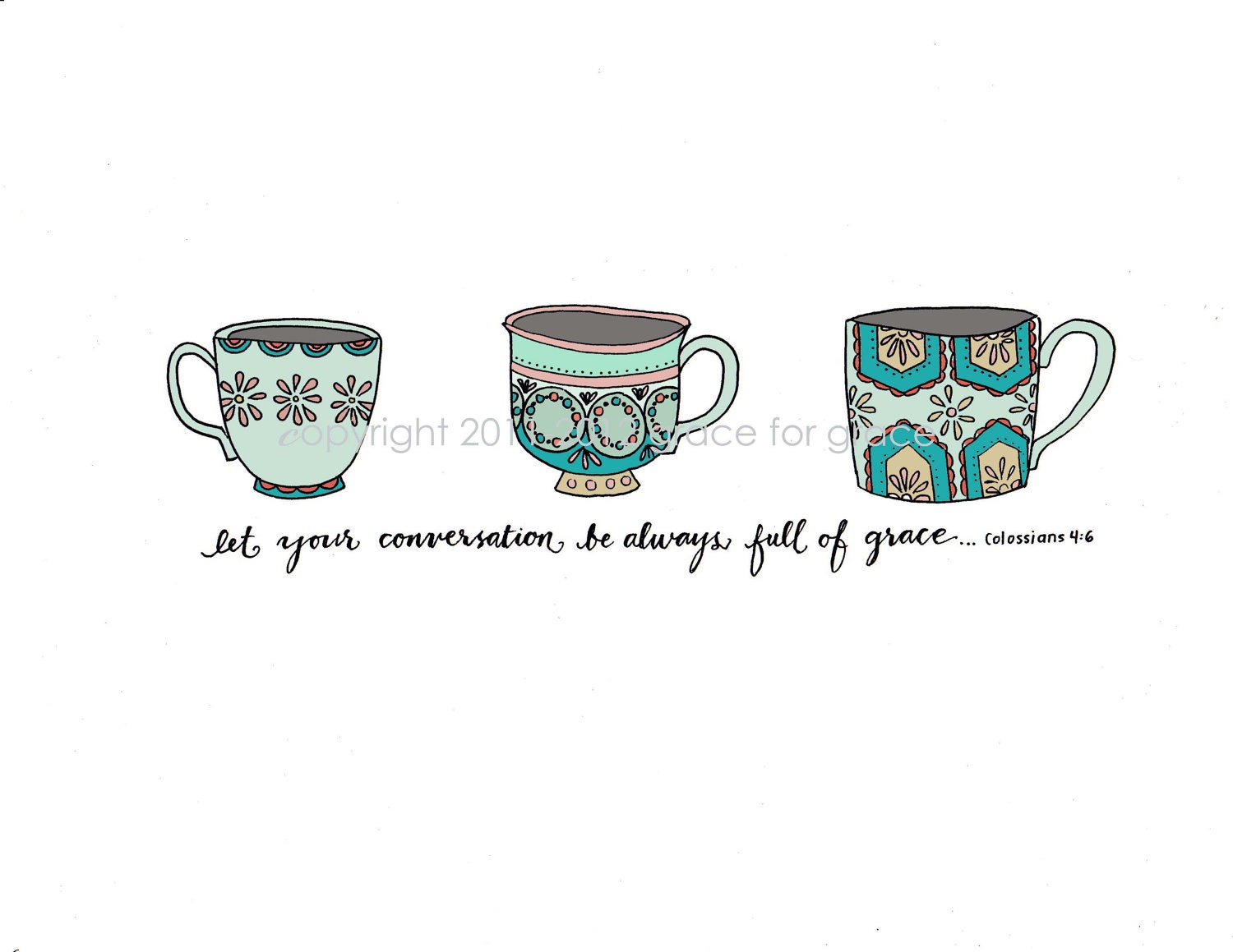 Bible Verse Art - Full of Grace - 8x10 Giclee Print - Christian Art, Scripture Art, Kitchen Art, Teacups, Coffee Cups