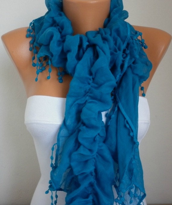 Blue Ruffle Scarf Cotton Scarf - fatwoman