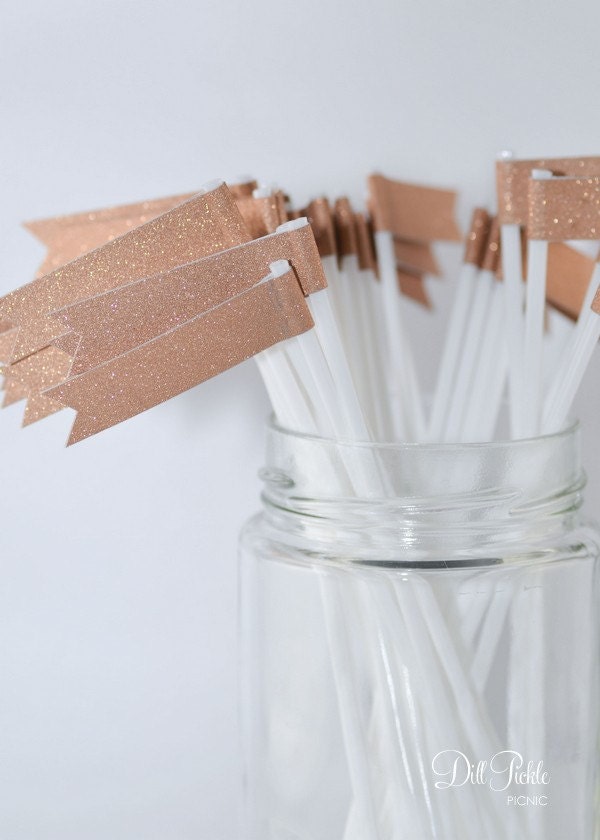 25 Peach Coral Glitter Paper Flag Stir Sticks or Drink Stirrers