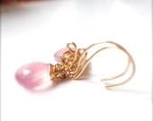Glowing Rose Petal Pink Chalcedony Gold Earrings, Wire Wrapped Gemstone, Bridal,  Soft, Feminine Fashion Accessory, Your Daily Jewels