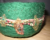 every leaf has an angel, an emerald moss green needle felted wool bowl with art yarn