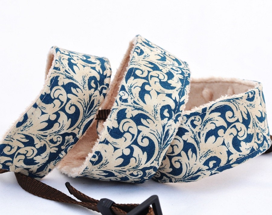 Camera dSLR Strap - Ocean Damask with Camel Minky - Padded Camera Strap - Spring Accessories Spring Fashion