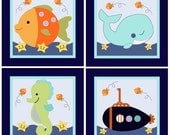 Set of 4 (Blue Lagoon/Oceanlife/Whale/Seahorse) 6 x 6 inch Wood Plaques So Cute