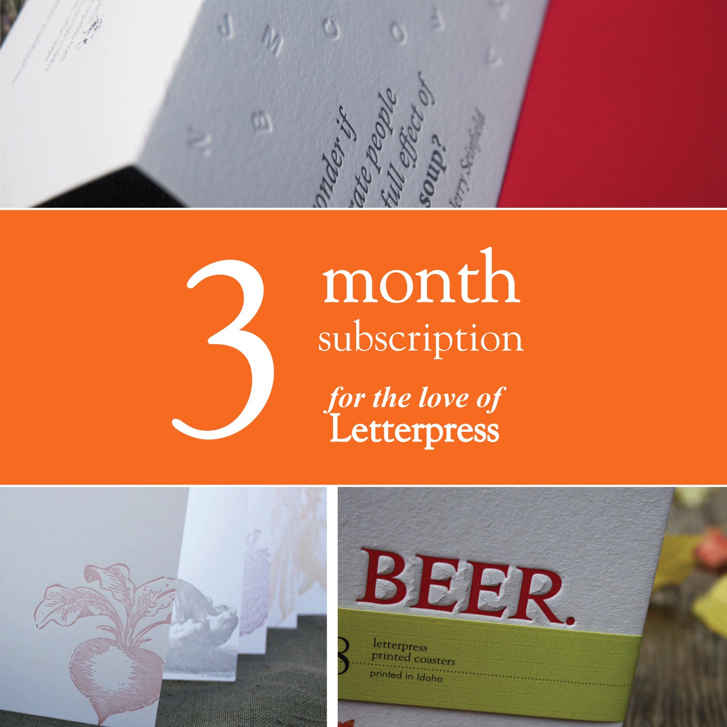 3 months of letterpress goodies, makes a great gift. Monthly letterpress subscription club.