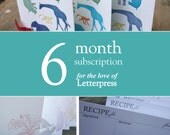 6 months of letterpress goodies, great gift. Monthly letterpress subscription club.