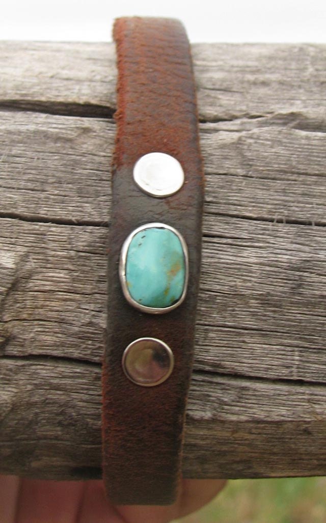 vintage harness leather cuff bracelet with kingman turquoise stone sterling silver