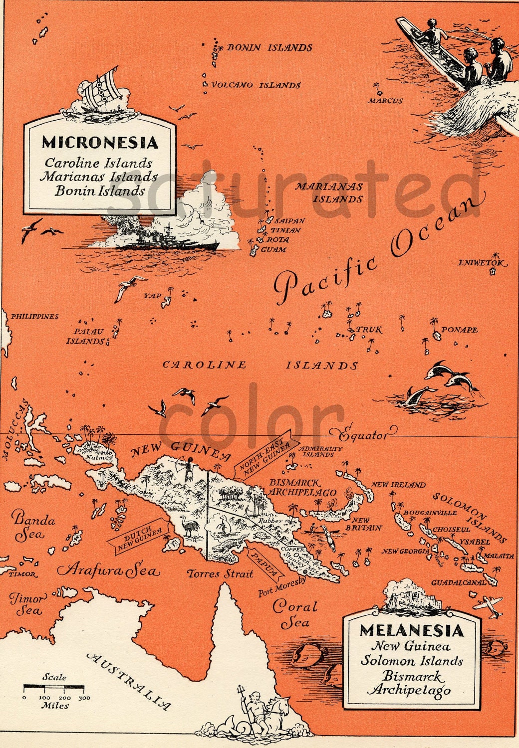 Caroline Islands Marianas Islands New Guinea Solomon Islands Vintage Map - ORIGINAL 1940s - Vintage Picture Map - Micronesia Melanesia