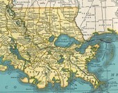 Louisiana Map -  Butter Yellow & Soft Turquoise Aqua - 1940s Vintage Map of Louisiana
