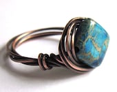 Wire Wrapped Ring Copper Blue Jasper Stone Jewelry