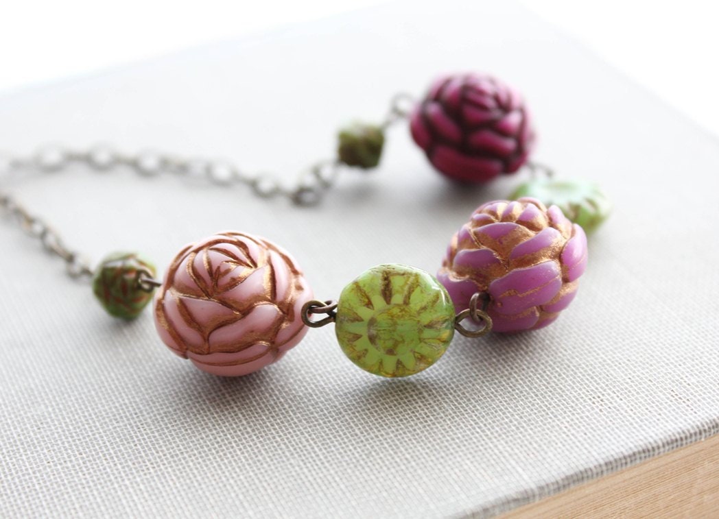 Beaded Necklace, Floral Accessories, Dusty Rose Pink, Cherry Purple, Rhubarb, Ultramarine Green Glass Beads, Spring Jewelry