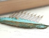 Feather Comb, Verdigris Patina, Large Feather, Teal, Aqua, Antique Gold Brass, Woodland Hair Accessories, Metal Hair Comb, Autumn Fashion