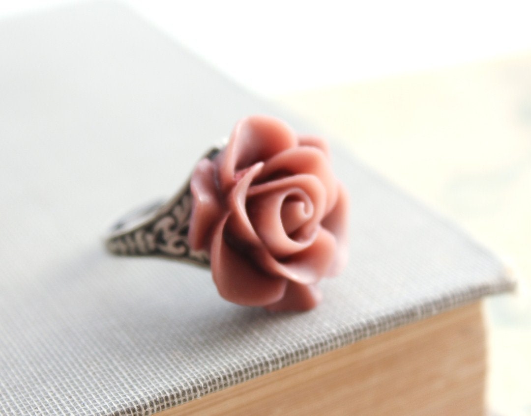 Rose Cocktail Ring Resin Flower Plum Pink, Dusty Rose Shabby Chic Romantic Bridal Bridesmaids Accessories Antique Silver Adjustable Ring