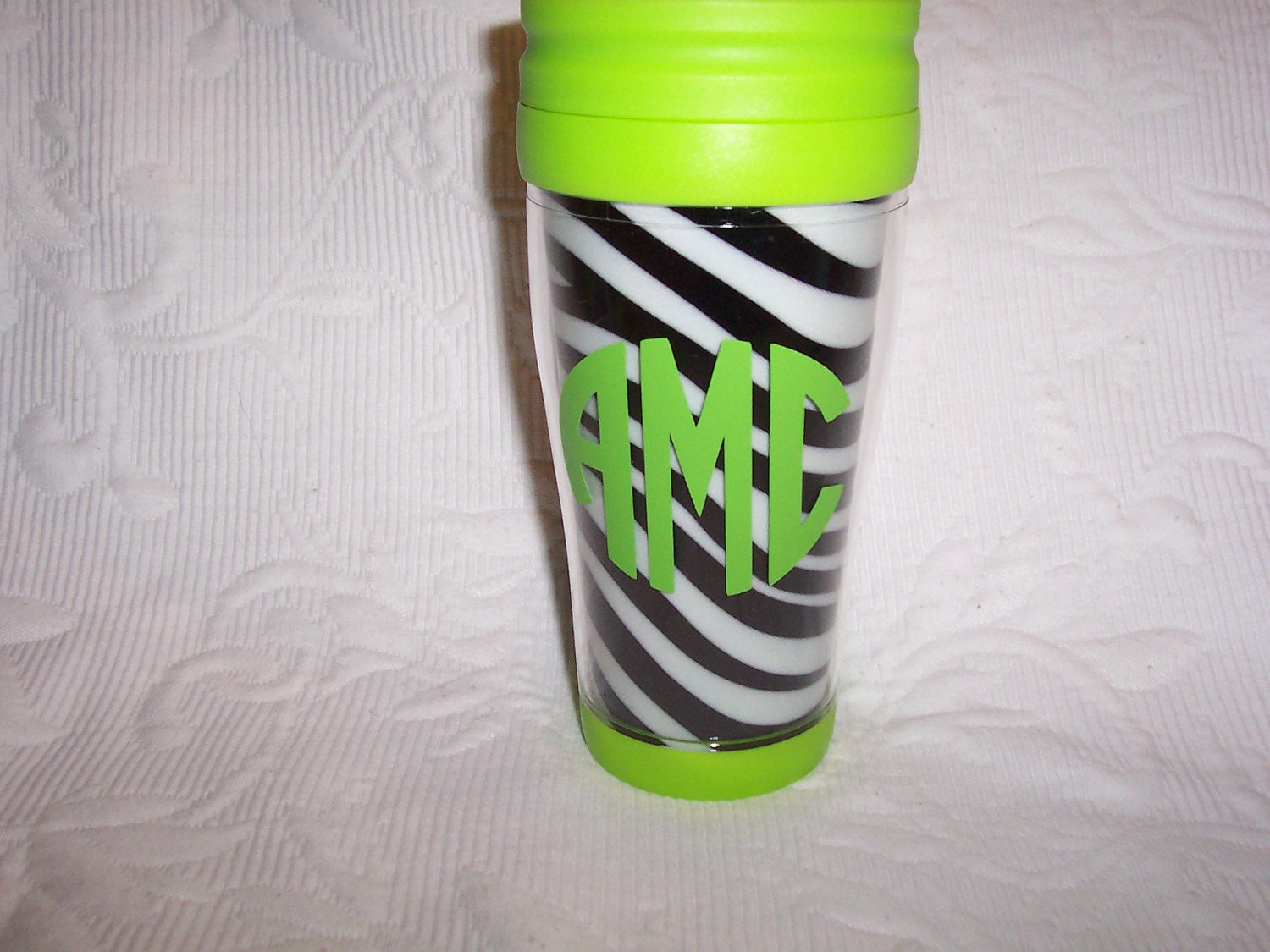 Monogrammed Insulated Travel Mug ZEBRA  & Lime Green
