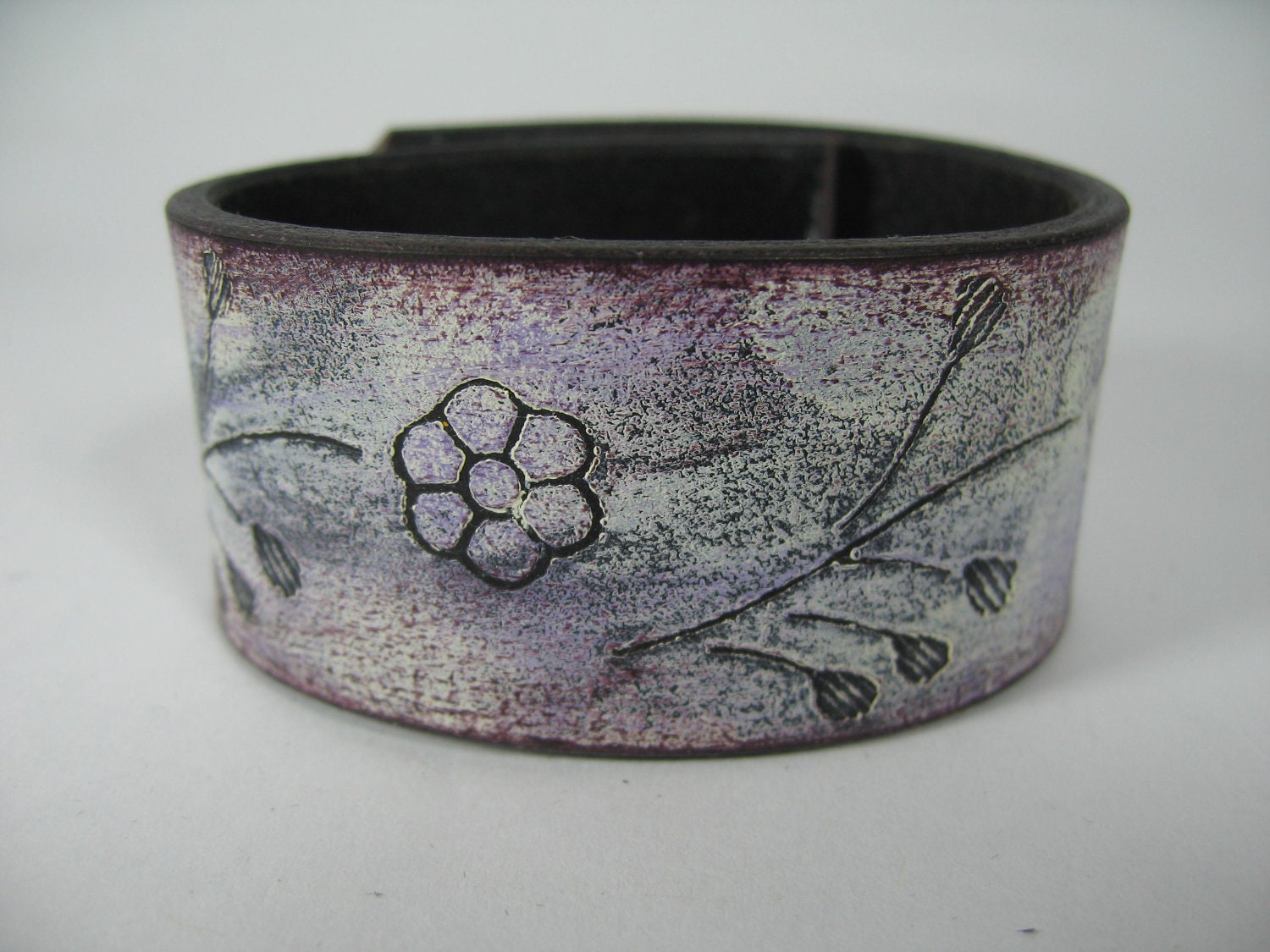 Flower Power Leather Cuff Bracelet  Womens Purple Wristband Wrap Floral Hippie Jewelry