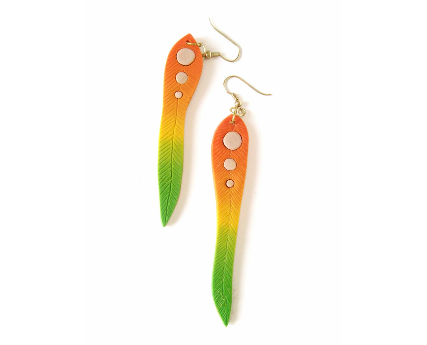 Neon dangle feather earrings urban tribal orange-yellow-green color progression ombre long polymer clay earrings Mango one-of-a-kind