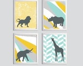 Nursery Art Zoo Jungle Safari Elephant Lion Giraffe Rhino Animals Yellow Blue Grey Mustard set of 4 each 11x14 de3