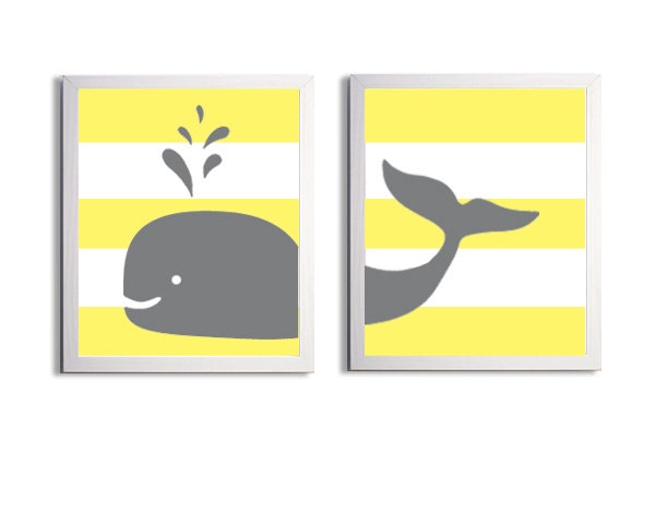 Nursery Whale Kids Room Art Nautical Beach Ocean Sea Prep Stripes Yellow Grey more colors available set of 2 each 8x10