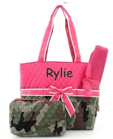 Personalized Girls 3 Piece Quilted Diaper Bag Set-Hot Pink and Camo