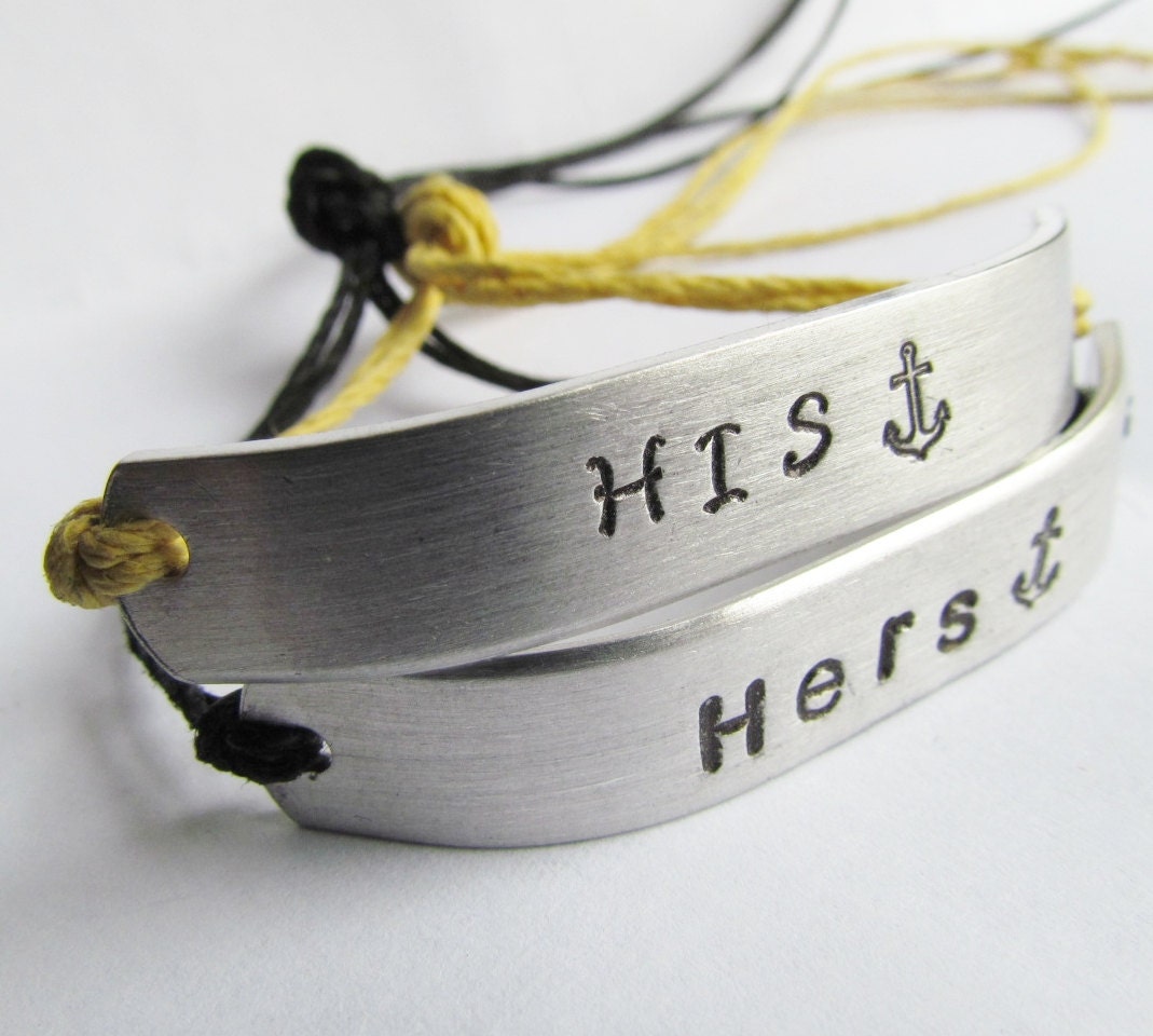 Set of 2 Bracelet Friendship His and Hers Couples Custom Hand Stamped Name Tie On Hemp Cord
