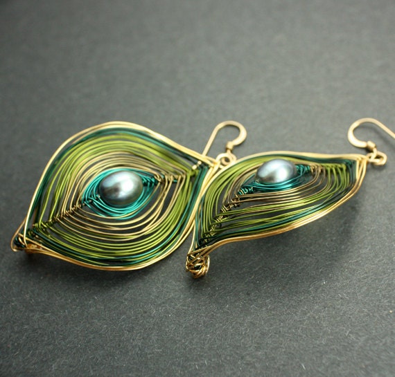 Olive Green and Gold Peacock Earrings Ships Free to US