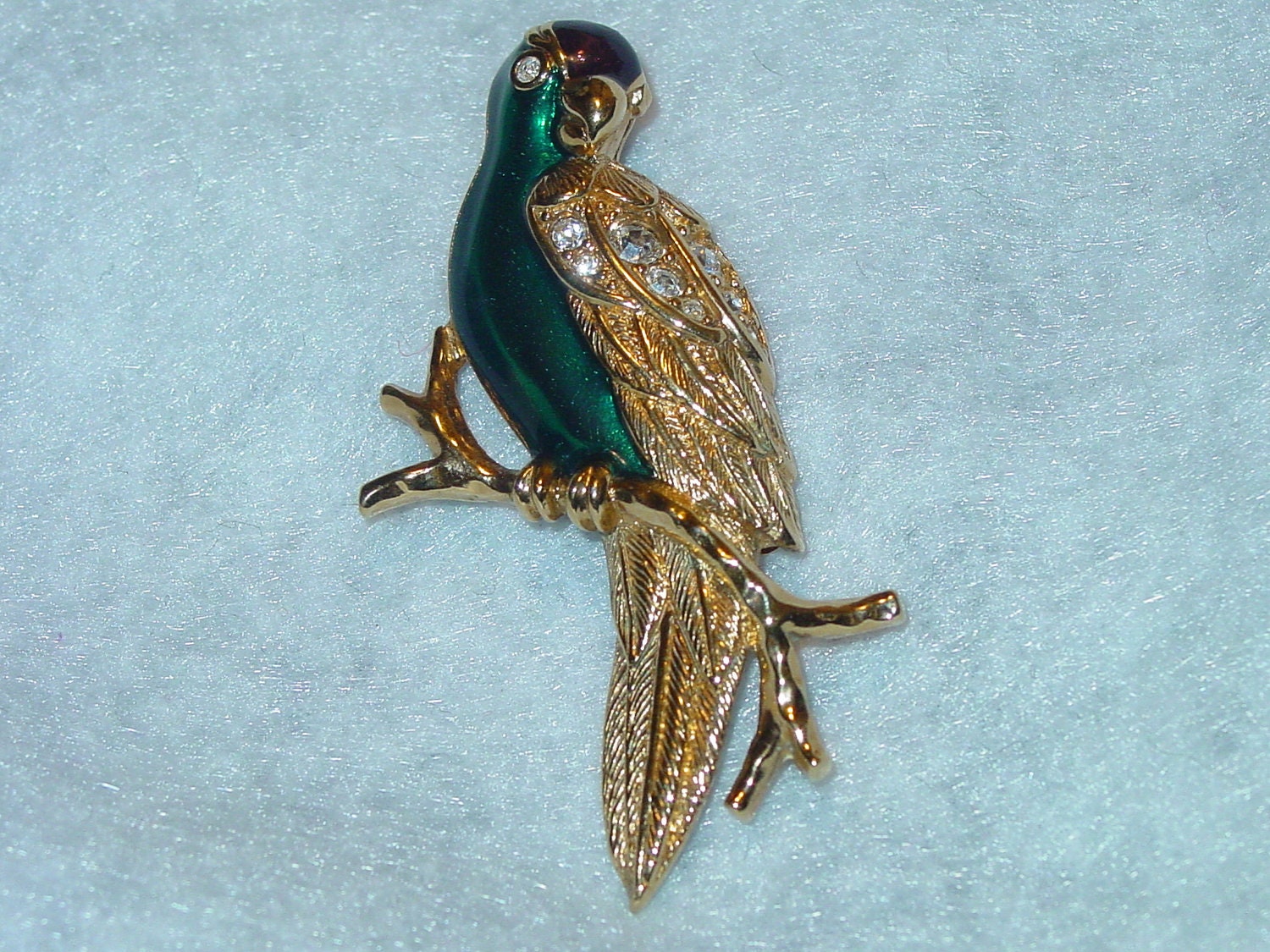 Enamel and Rhinestone Goldtone Parrot Brooch Signed Avon