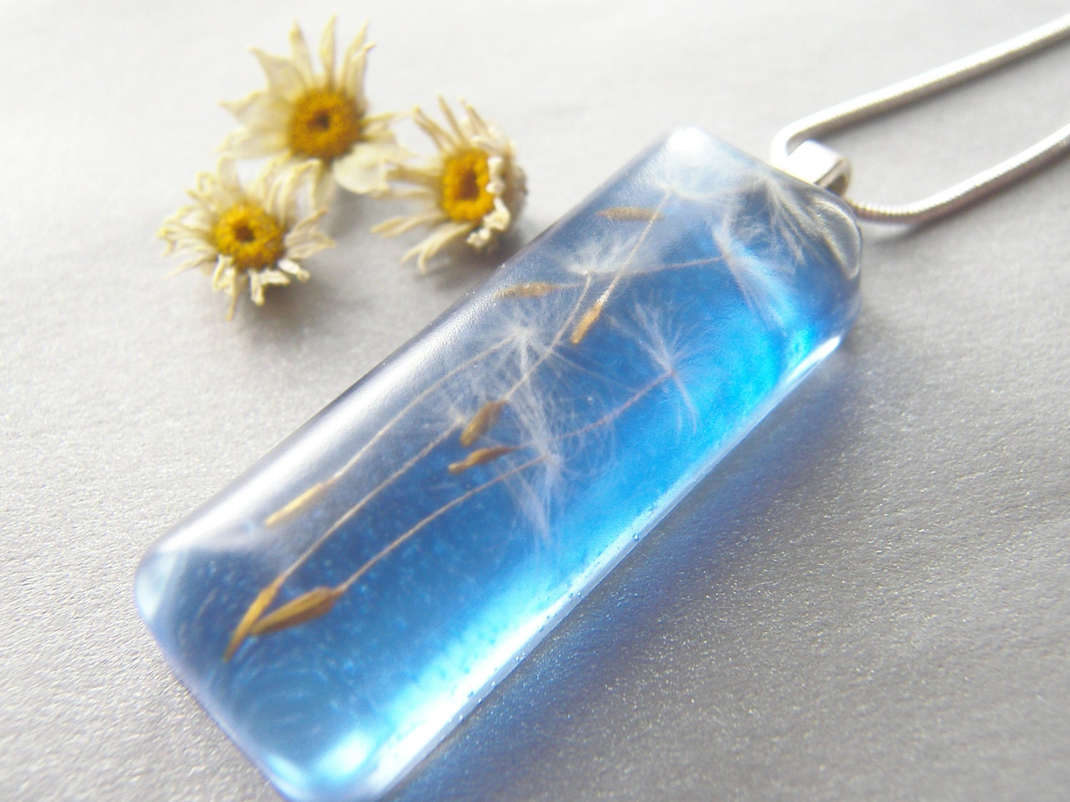 Dandelion Pendant, Real Flower, Botanical Necklace, Nature, Eco Friendly, Blue Resin