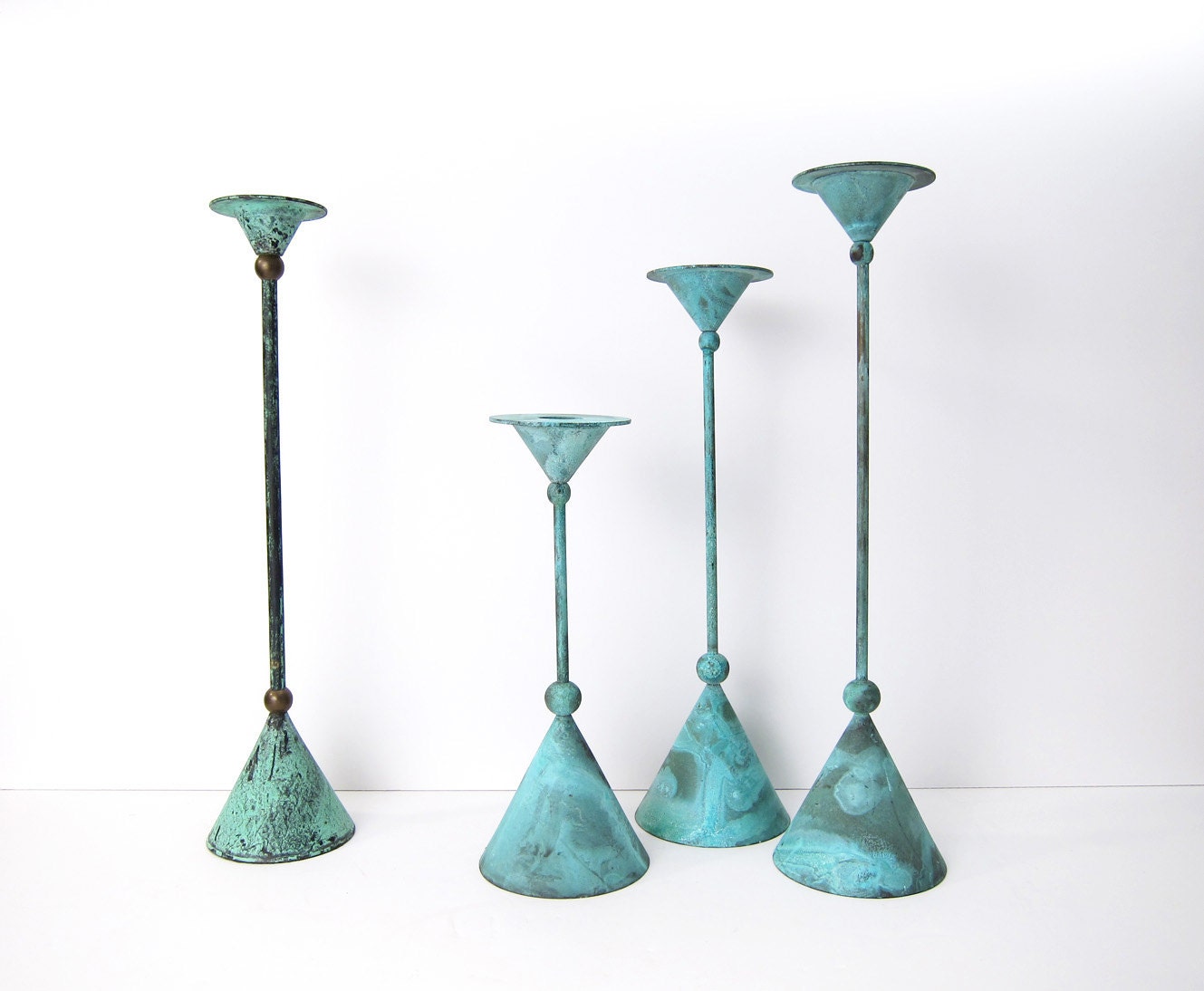 Mid-Century Modernist Candle Holders Patinated Bronze - Danish Modern Verdigris Metal Candlesticks - ObjectOfBeauty