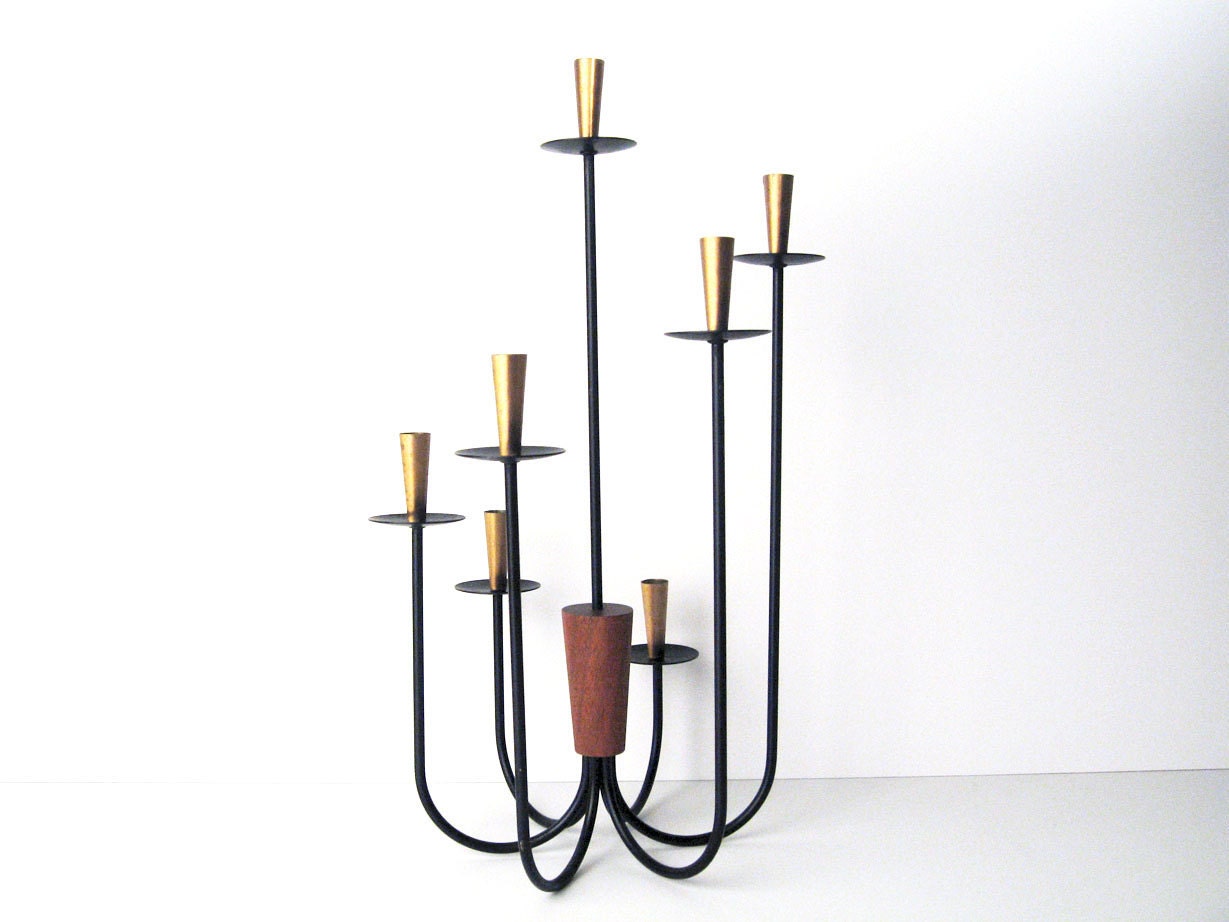 Danish Modern Candle Holder / Candelabra - Teak, Metal, Brass