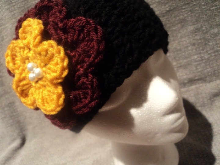 Ear Warmer, Crochet Head Wrap with Jeweled Flower- black, burgundy and gold
