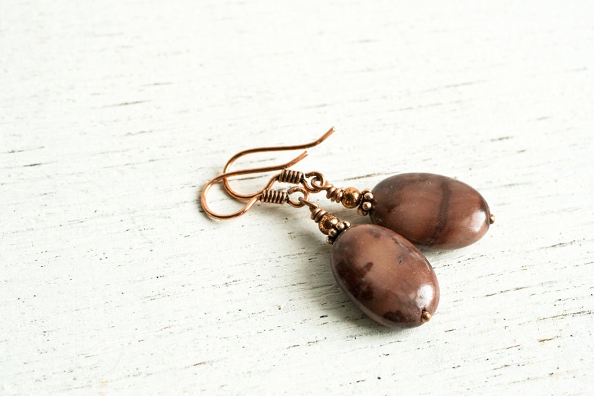 Limestone Dangle Earrings - Crazy Horse Stone Gemstone Earrings -  Merlot Copper Gift For Her