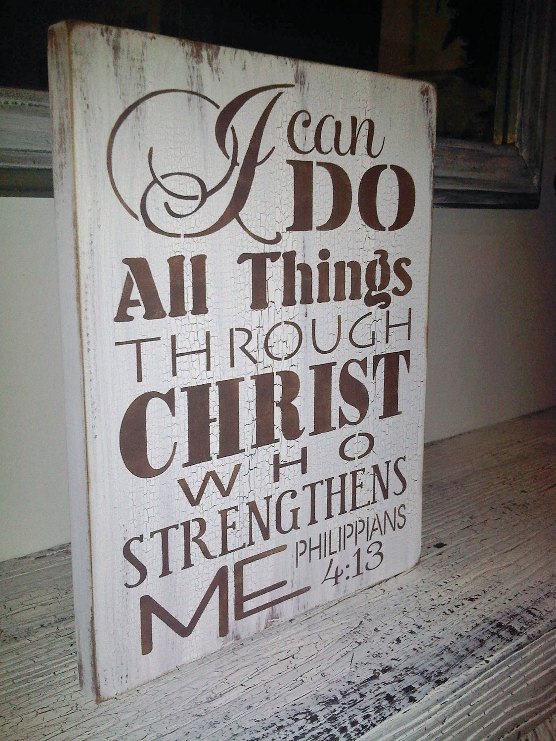 Scripture Sign, Kitchen Sign "I can do all things through Christ who strengthens me" - typograpy subway art style handpainted sign