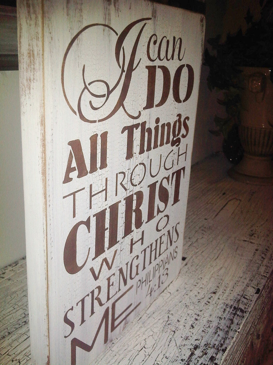 Scripture Sign, Kitchen Sign "I can do all things through Christ who strengthens me" - typograpy subway art style handpainted sign