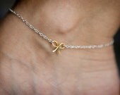 Gold Vermeil Bow on Sterling Silver Chain Anklet - Tiny Petite Wire Bow - Ankle Bracelet - Mixed Metal - Gold and Silver