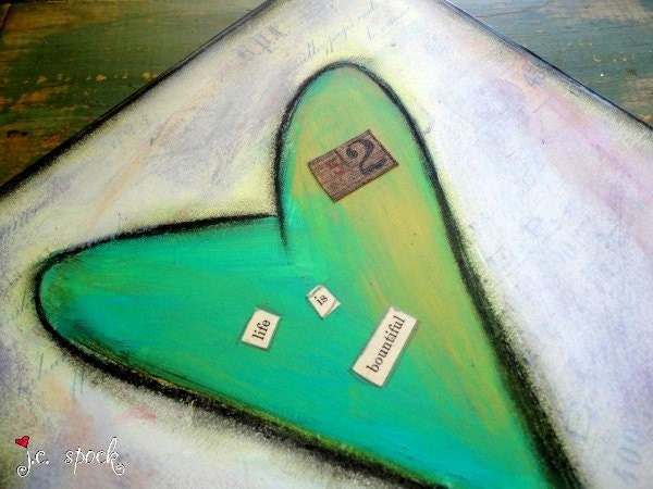 Original Art Painting: 8x8 Bountiful Heart Original Mixed Media Collage, mixed media, mixed media heart, aqua, turquoise, purple