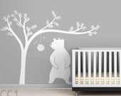 Honeyland Wall Decal - White Tree Decal and Cute Bear - Kids room decor