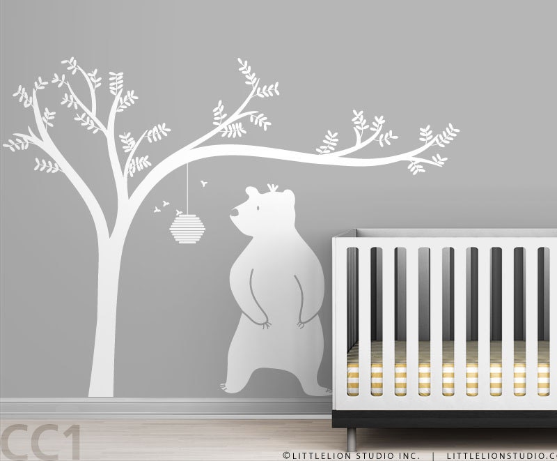 Honeyland Wall Decal - White Tree Decal and Cute Bear - Kids room decor