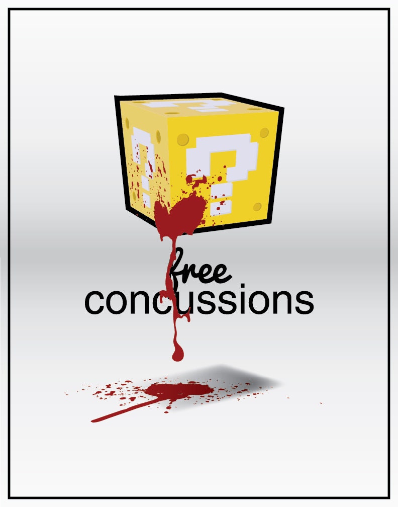 Geeky Gamer Art: Free Concussions- 11x14 Super Mario Brothers Inspired Humor Art Print